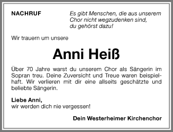 Traueranzeige von Anni Heiß von Memminger Zeitung