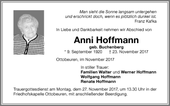 Traueranzeige von Anni Hoffmann von Memminger Zeitung