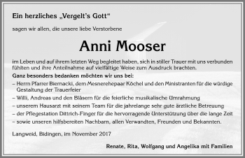 Traueranzeige von Anni Mooser von Allgäuer Zeitung, Marktoberdorf