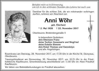 Traueranzeige von Anni Wöhr von Allgäuer Zeitung, Kaufbeuren/Buchloe