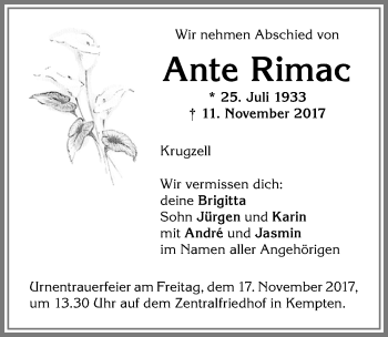 Traueranzeige von Ante Rimac von Allgäuer Zeitung,Kempten