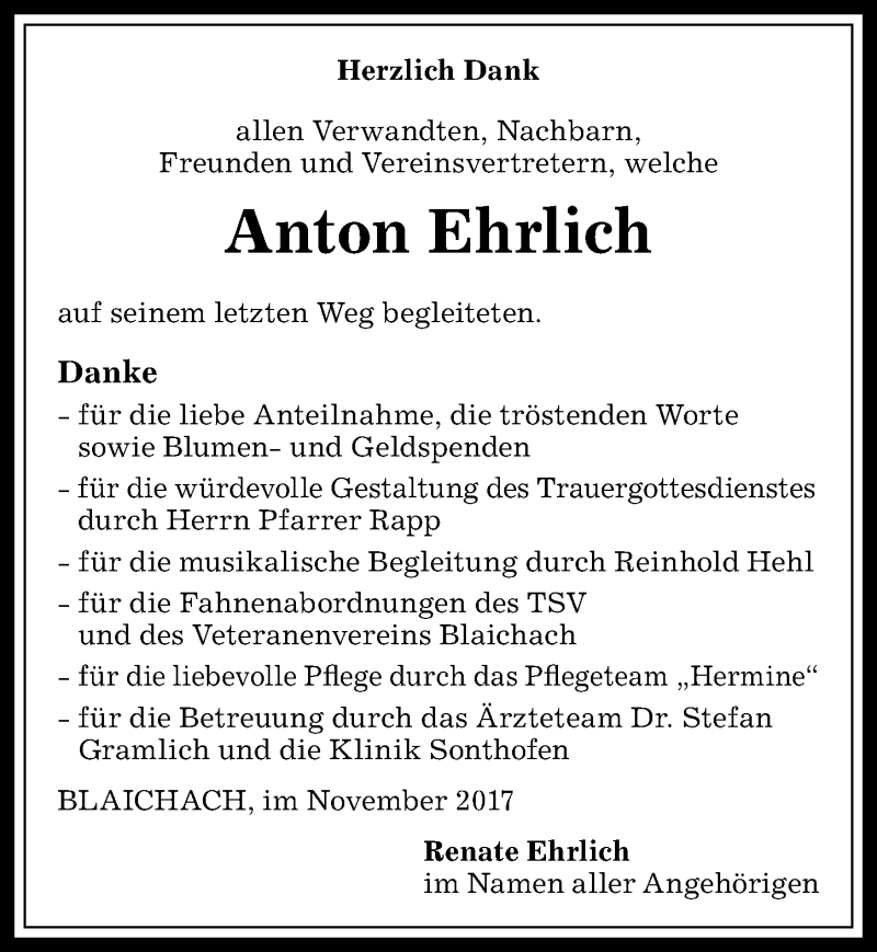  Traueranzeige für Anton Ehrlich vom 03.11.2017 aus Allgäuer Anzeigeblatt
