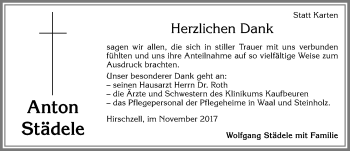 Traueranzeige von Anton Städele von Allgäuer Zeitung, Kaufbeuren/Buchloe