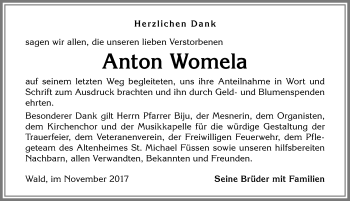 Traueranzeige von Anton Womela von Allgäuer Zeitung, Marktoberdorf
