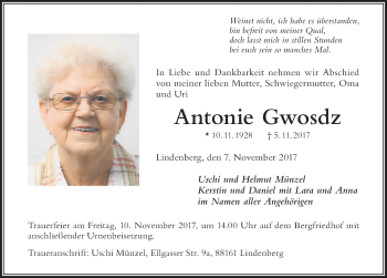 Traueranzeige von Antonie Gwosdz von Der Westallgäuer