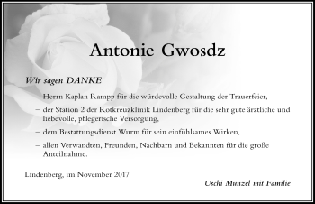 Traueranzeige von Antonie Gwosdz von Der Westallgäuer