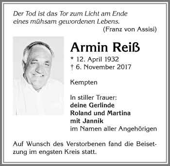 Traueranzeige von Armin Reiß von Allgäuer Zeitung,Kempten