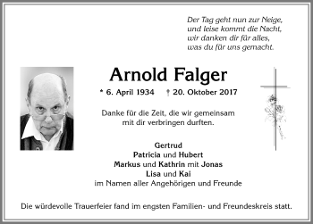 Traueranzeige von Arnold Falger von Allgäuer Zeitung, Kaufbeuren/Buchloe