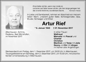 Traueranzeige von Artur Rief von Memminger Zeitung