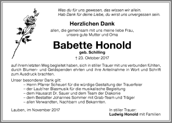 Traueranzeige von Babette Honold von Memminger Zeitung
