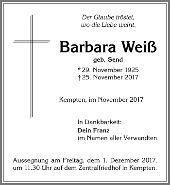 Traueranzeige von Barbara Weiß von Allgäuer Zeitung