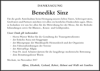 Traueranzeige von Benedikt Sinz von Der Westallgäuer