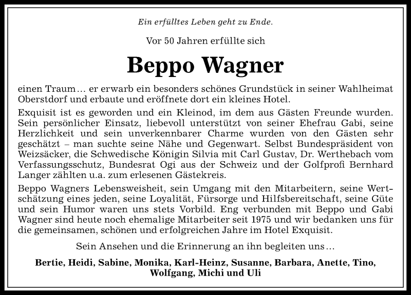  Traueranzeige für Beppo Wagner vom 29.11.2017 aus Allgäuer Anzeigeblatt