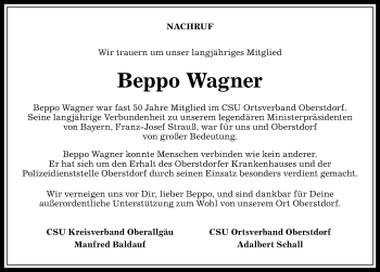 Traueranzeige von Beppo Wagner von Allgäuer Anzeigeblatt