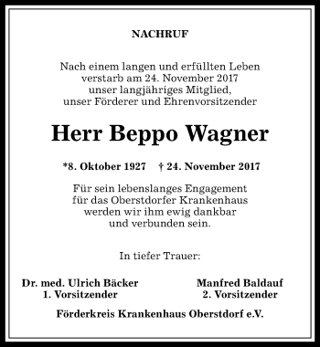 Traueranzeige von Beppo Wagner von Allgäuer Anzeigeblatt