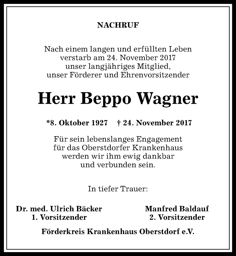  Traueranzeige für Beppo Wagner vom 29.11.2017 aus Allgäuer Anzeigeblatt