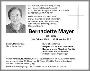 Traueranzeige von Bernadette Mayer von Memminger Zeitung
