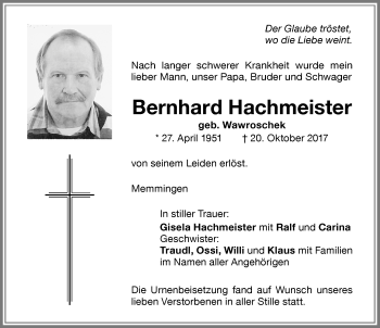 Traueranzeige von Bernhard Hachmeister von Memminger Zeitung