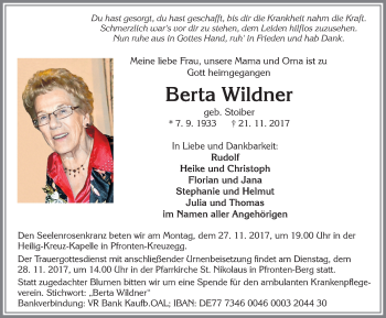 Traueranzeige von Berta Wildner von Allgäuer Zeitung, Füssen