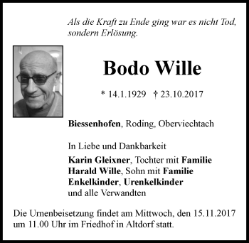 Traueranzeige von Bodo Wille von Allgäuer Zeitung, Marktoberdorf