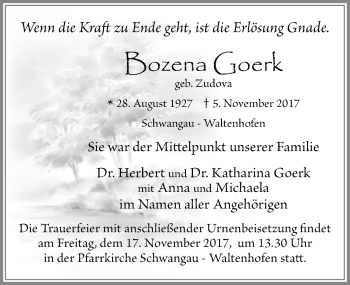 Traueranzeige von Bozena Goerk von Allgäuer Zeitung, Füssen