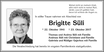 Traueranzeige von Brigitte Süli von Allgäuer Zeitung, Kaufbeuren/Buchloe