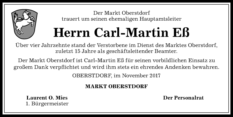  Traueranzeige für Carl-Martin Eß vom 22.11.2017 aus Allgäuer Anzeigeblatt