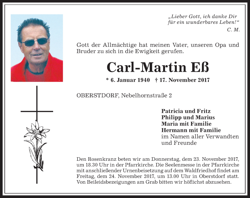  Traueranzeige für Carl-Martin Eß vom 22.11.2017 aus Allgäuer Anzeigeblatt