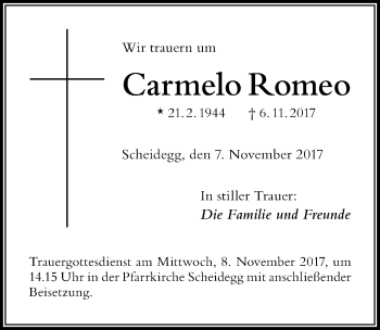 Traueranzeige von Carmelo Romeo von Der Westallgäuer