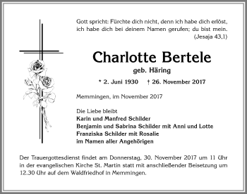Traueranzeige von Charlotte Bertele von Memminger Zeitung