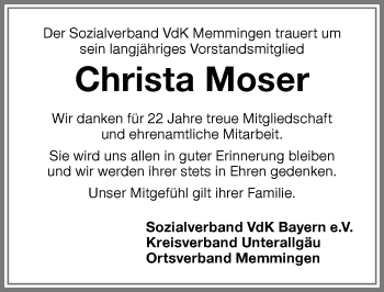Traueranzeige von Christa Moser von Memminger Zeitung