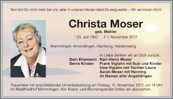 Traueranzeige von Christa Moser von Memminger Zeitung