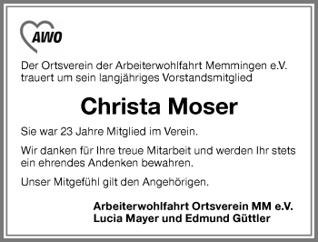 Traueranzeige von Christa Moser von Memminger Zeitung