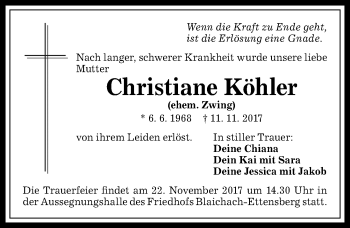 Traueranzeige von Christiane Köhler von Allgäuer Anzeigeblatt
