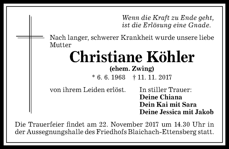  Traueranzeige für Christiane Köhler vom 18.11.2017 aus Allgäuer Anzeigeblatt