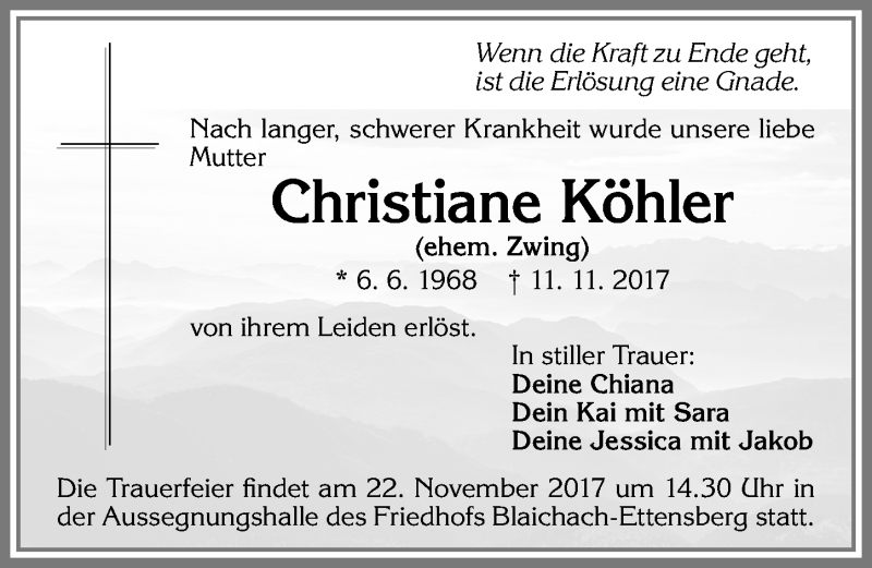  Traueranzeige für Christiane Köhler vom 18.11.2017 aus Allgäuer Zeitung,Kempten