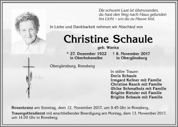 Traueranzeige von Christine Schaule von Allgäuer Zeitung, Marktoberdorf