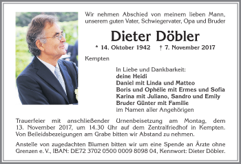 Traueranzeige von Dieter Döbler von Allgäuer Zeitung,Kempten