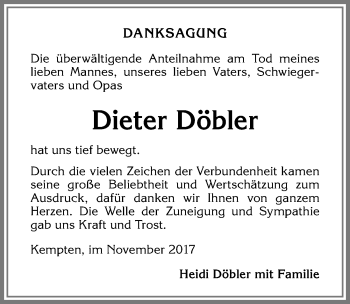 Traueranzeige von Dieter Döbler von Allgäuer Zeitung,Kempten