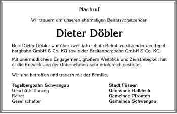Traueranzeige von Dieter Döbler von Allgäuer Zeitung