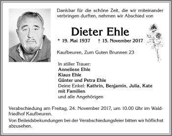 Traueranzeige von Dieter Ehle von Allgäuer Zeitung, Kaufbeuren/Buchloe