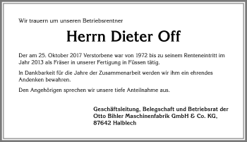 Traueranzeige von Dieter Off von Allgäuer Zeitung, Füssen