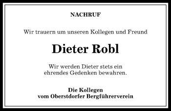 Traueranzeige von Dieter Robl von Allgäuer Anzeigeblatt