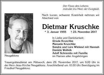 Traueranzeige von Dietmar Kruschke von Allgäuer Zeitung, Kaufbeuren/Buchloe
