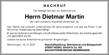 Traueranzeige von Dietmar Martin von Allgäuer Zeitung,Kempten