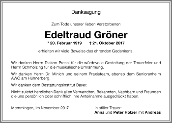 Traueranzeige von Edeltraud Gröner von Memminger Zeitung