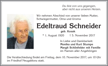 Traueranzeige von Edeltraud Schneider von Allgäuer Zeitung, Kaufbeuren/Buchloe