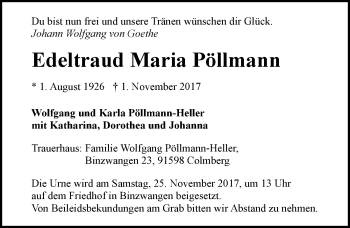 Traueranzeige von Edeltraud Maria Pöllmann von Allgäuer Zeitung,Kempten