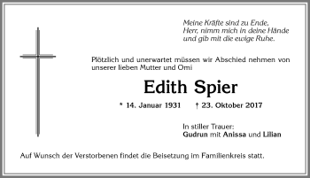 Traueranzeige von Edith Spier von Allgäuer Zeitung,Kempten