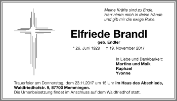Traueranzeige von Elfriede Brandl von Memminger Zeitung